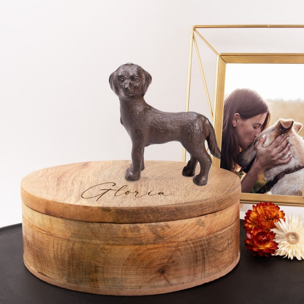 Holz Tierurne "Industrial Style mit Hund"